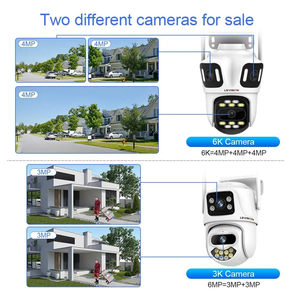 LS VISION 12MP 6K Three Screens WiFi Linkage Camera Outdoor Three Lens PTZ Auto Tracking Security Cameras Alexa iCSee App