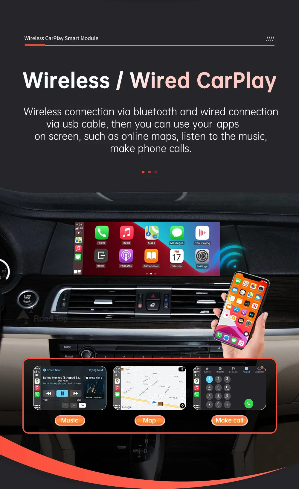 Road Top Wireless CarPlay Android Auto pentru BMW Seria 5 7 F10 F11 F07 GT F01 F02 F03 F04 2009-2016 cu Mirror Link Air Play