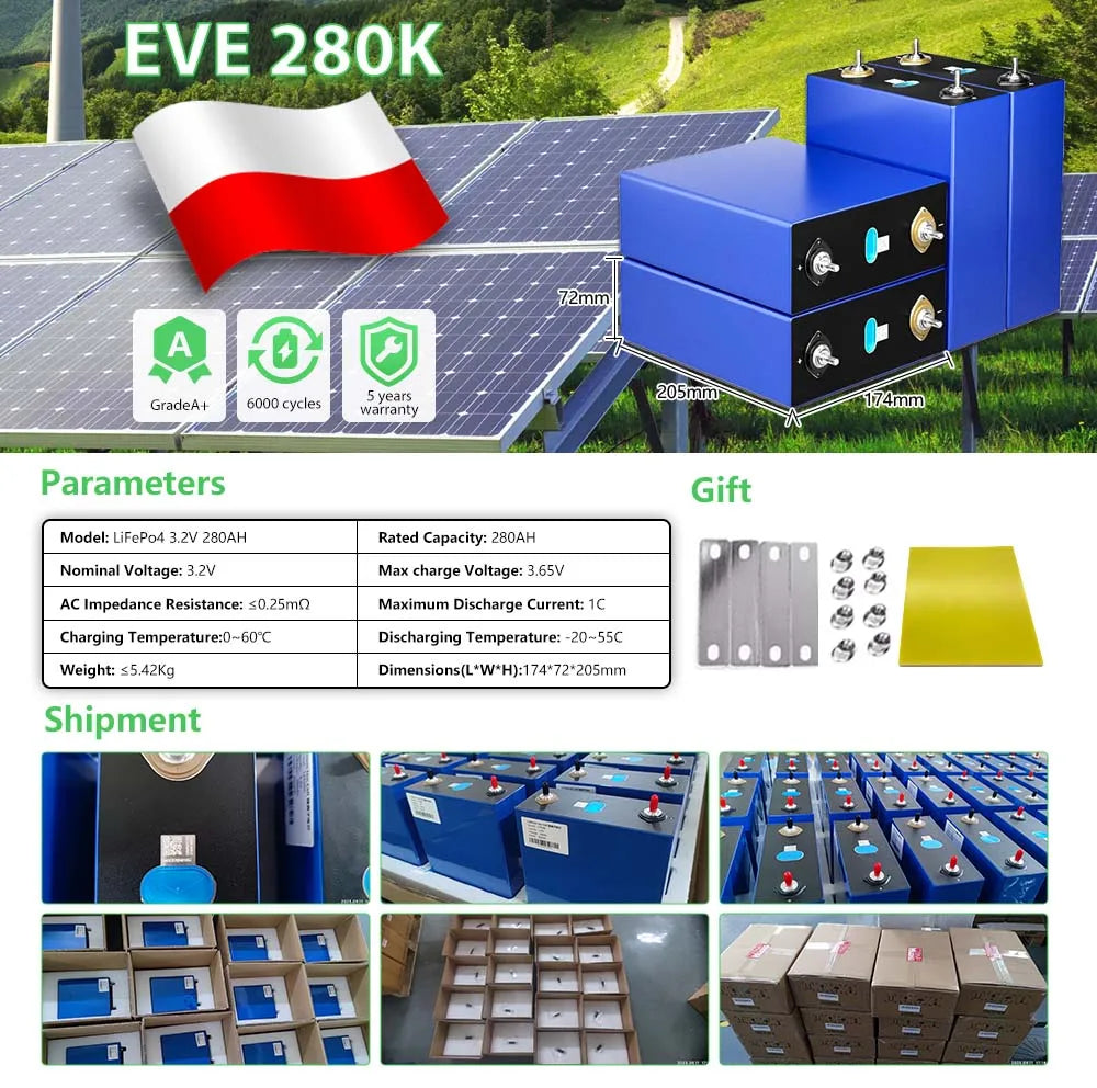 Poland Lifepo4 Grade A Power Bank  12V 24V 48V EVE105AH 280AH CALB 280AH 300AH Battery 9000 cycles Lifepo4 Battery  For Solar