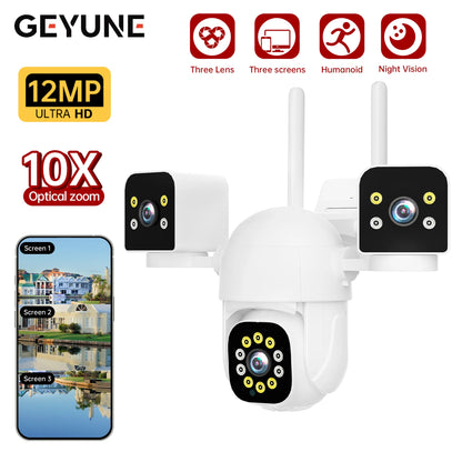 Cameră de supraveghere WiFi 6K 12MP, 3 lentile 3 ecrane, Zoom digital 10X, AI Human Detect, Camere IP PTZ de securitate în aer liber de 8mp