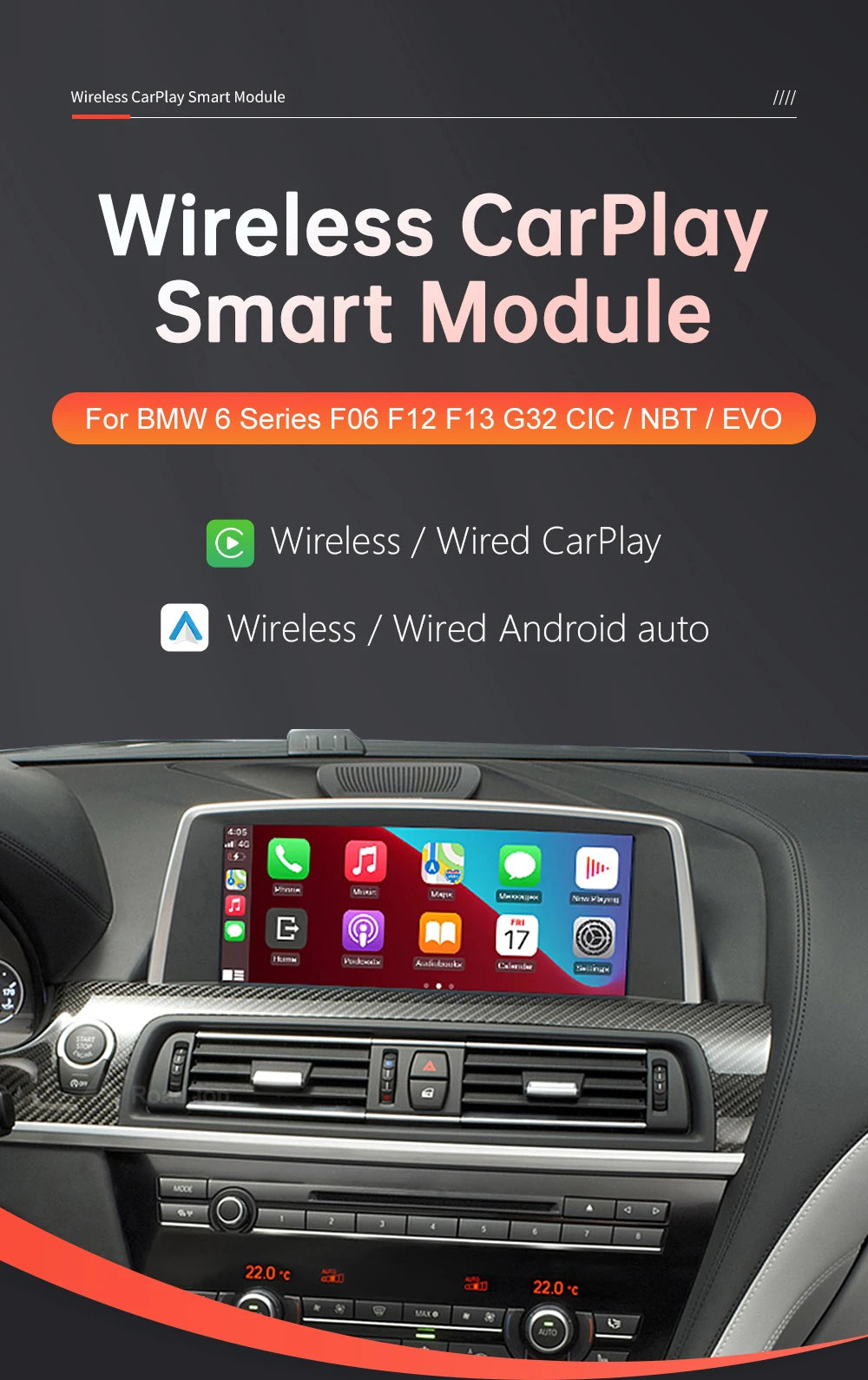 Road Top Wireless CarPlay pentru BMW Seria 6 F06 F12 F13 G32 2010-2020 CIC NBT EVO cu Android Auto Mirror Link Funcții AirPlay