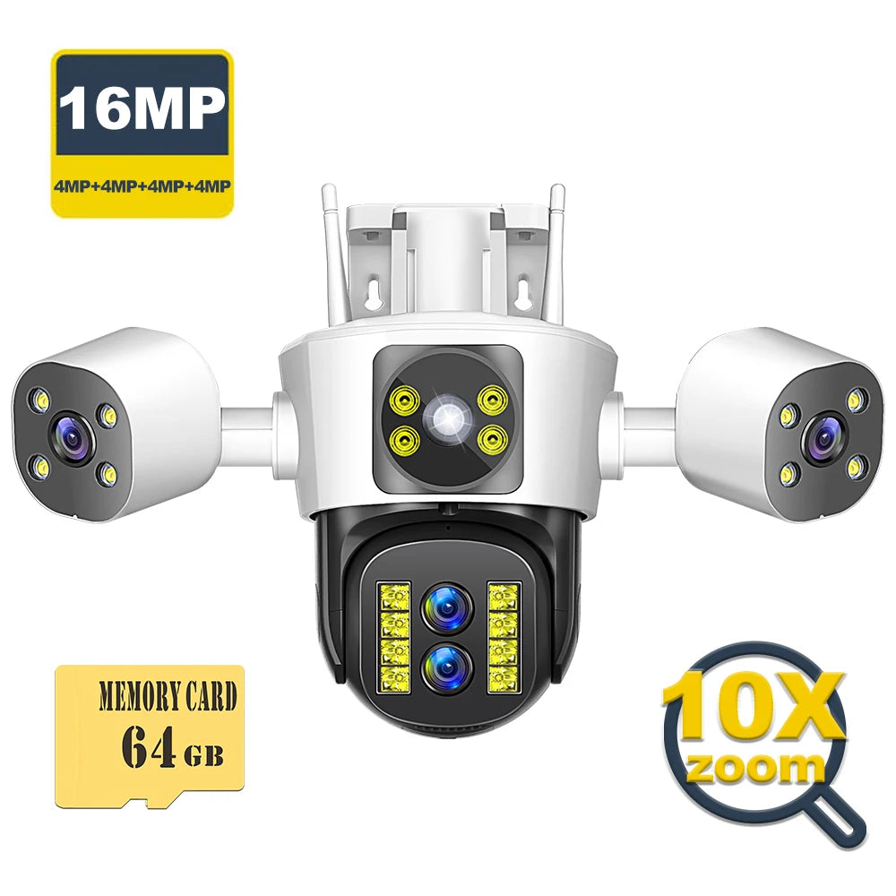 Cameră de securitate 8K 16MP WiFi Zoom 10X Ecrane triple cu patru lentile Cameră PTZ în aer liber Urmărire automată Camere de supraveghere video CCTV