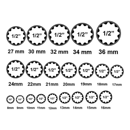 21pcs 1/2 Torx Sockets Set Ratchet Wrench Tool 12 Point 8-36mm Car Repair Tool Wrench Head Nut Removing Tool