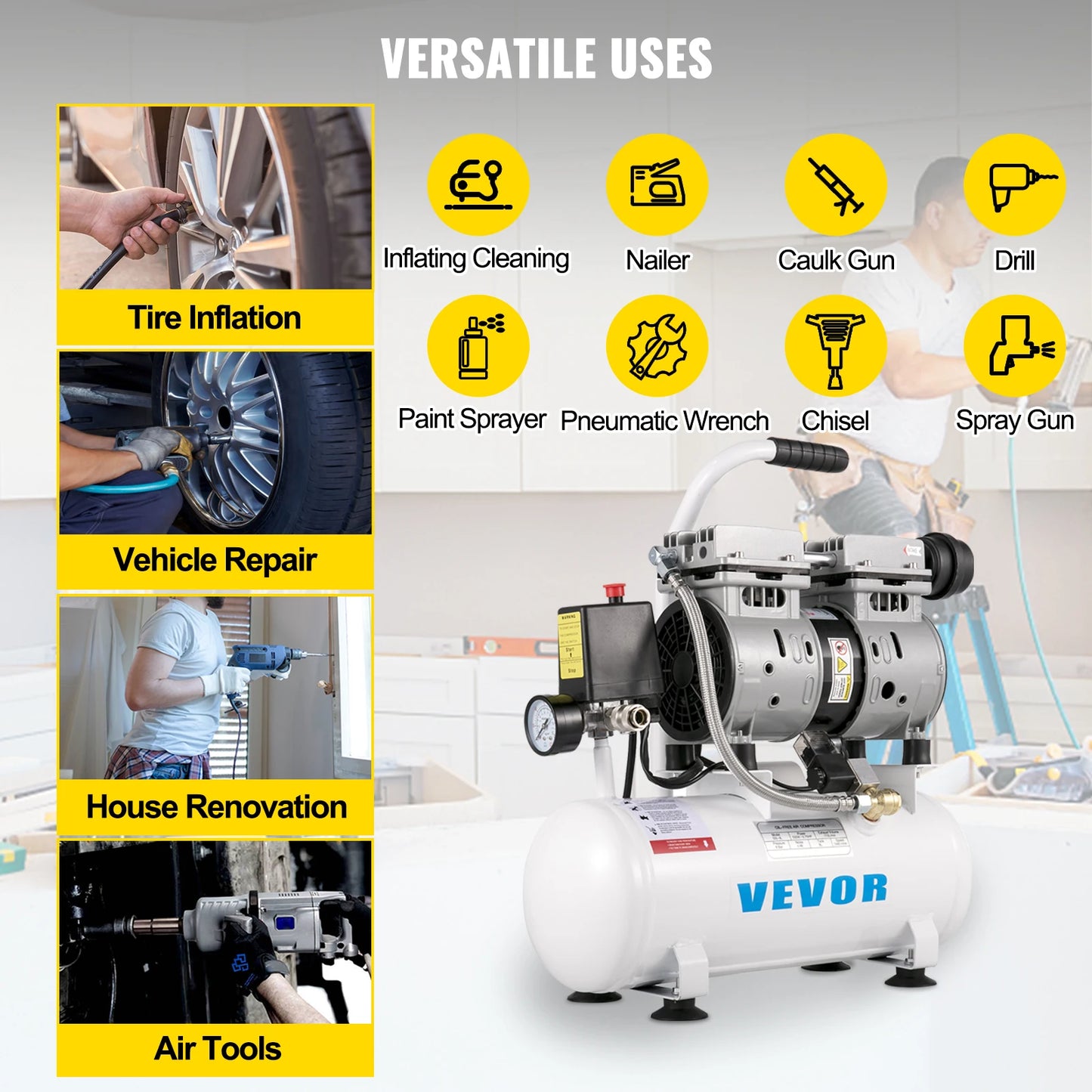 VEVOR 9L/30L Silent Air Compressor With Spray Gun Air Blow Gun Oil Free Air Compressor Pump For Homeuse Repair Tire Inflation