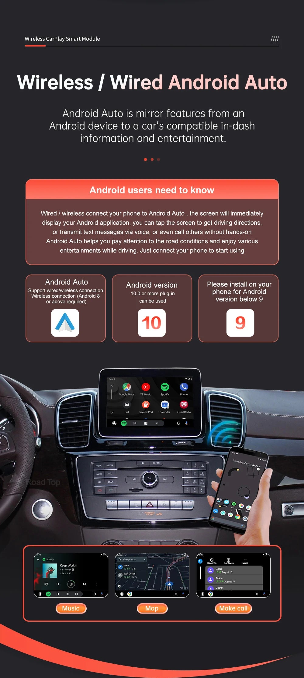 Road Top Wireless CarPlay Android Auto for Mercedes Benz GLE GLS 2016-2018, with Mirror Link AirPlay Car Play Functions