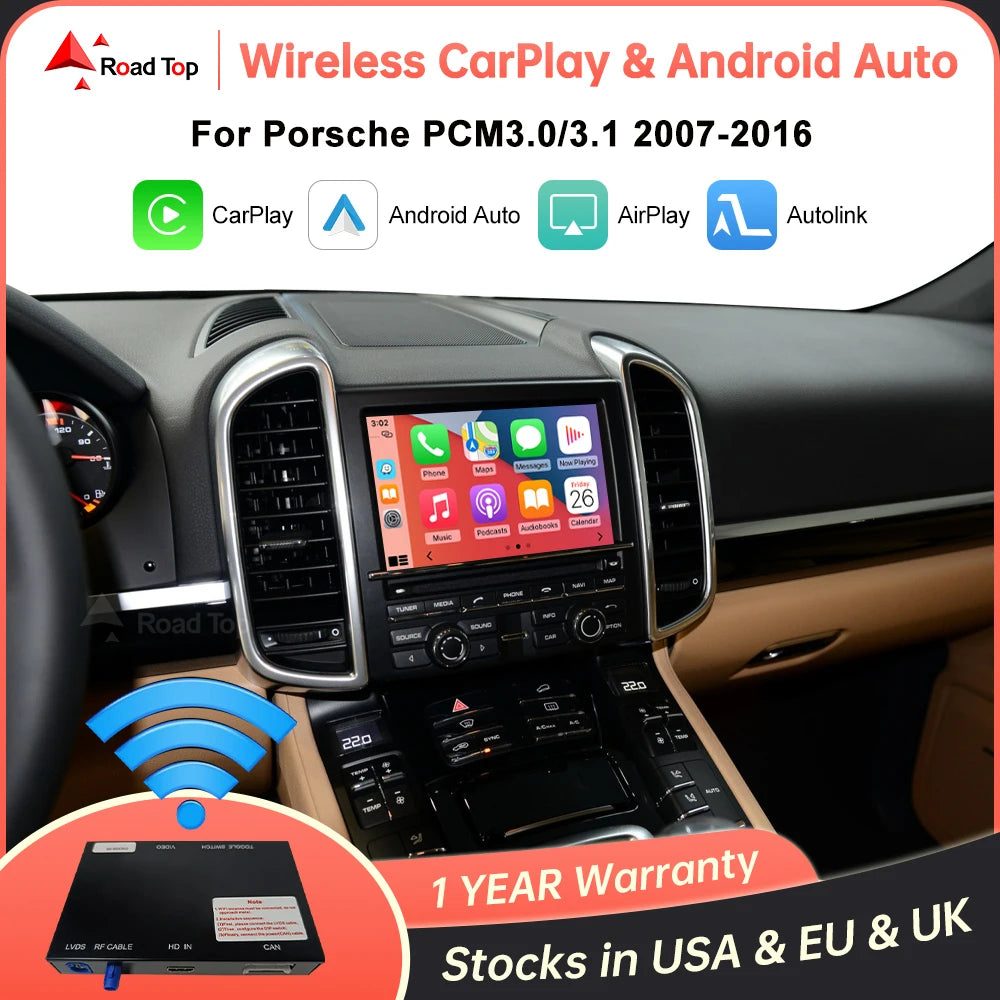 RoadTop Wireless CarPlay Android Auto pentru Porsche Boxster 718 Macan Cayman Cayenne 911/918 PCM3.0 3.1 2008-2015 cu Mirror Link