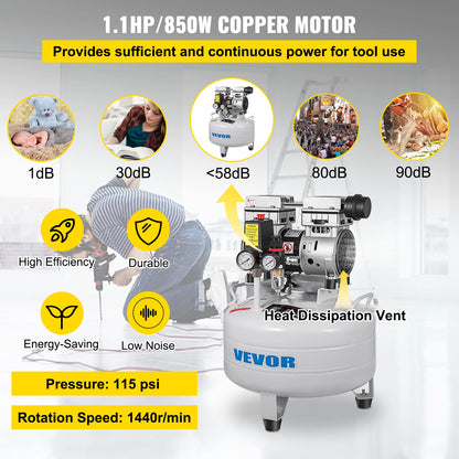 VEVOR Vertical Air Compressor 6.6/8.8 Gal Ultra Quiet Oil-Free Air Compressor 30L/40L Tank Silent Air Compressor 850W Low noise