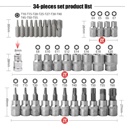 34 de bucăți de înaltă calitate Torx Star Sockets &amp; Bit Set Instrument portabil Torque Star Socket Masculin / Femeie E-Security Bits Drive Hand Tools