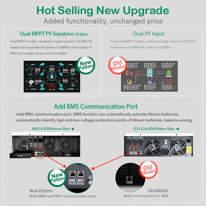 Dual Output On/Off Grid Solar Inverter4.2KW 24V 6.2KW 48V10.2KW With BMS Ports Dual MPPT PV Input Pure Sine Wave Hybrid Inverter