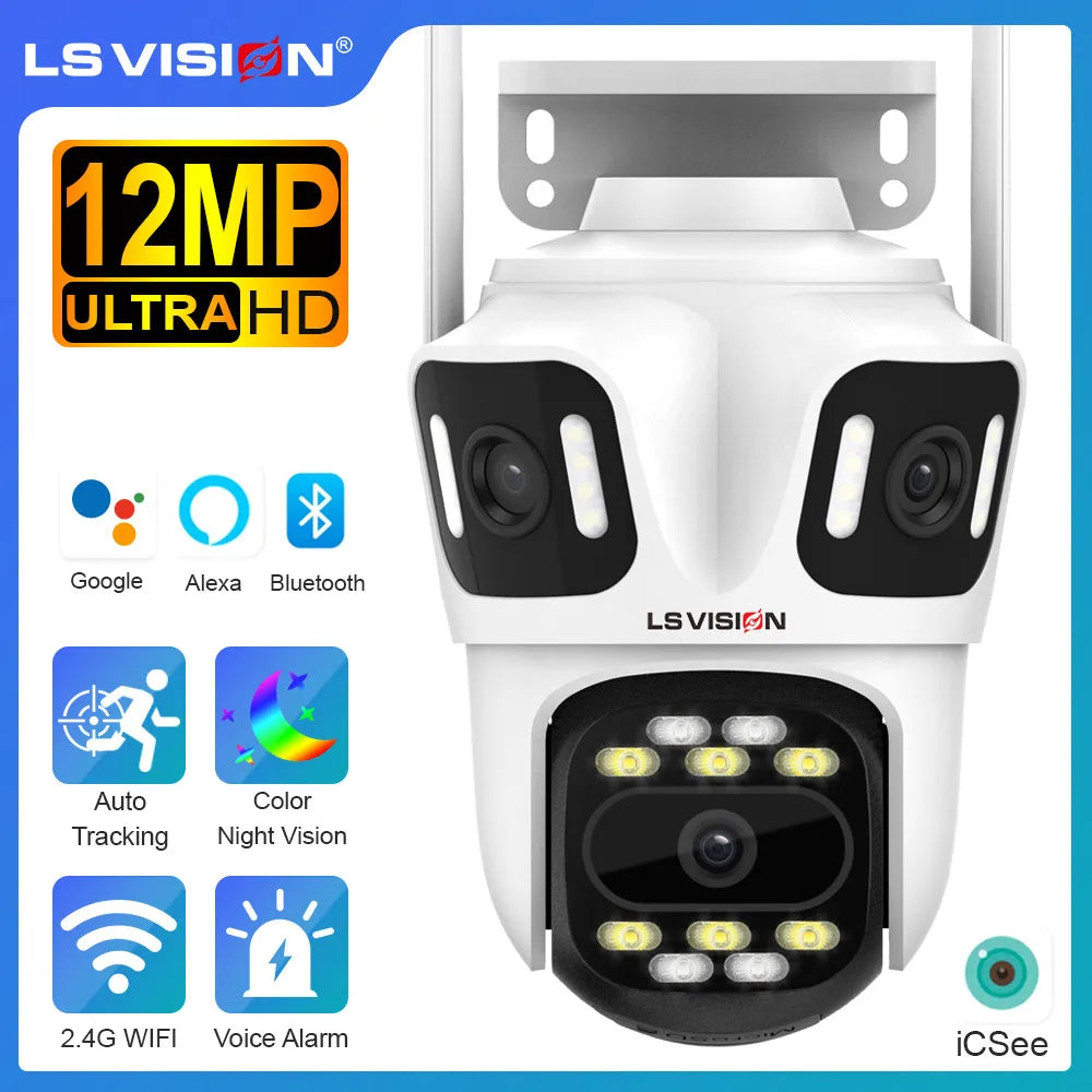 LS VISION 12MP 6K Three Screens WiFi Linkage Camera Outdoor Three Lens PTZ Auto Tracking Security Cameras Alexa iCSee App