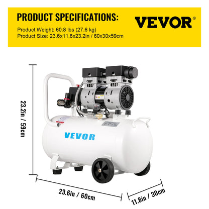 VEVOR Air Compressor 6.6/11 Gal,Portable Air Compressor 1 HP, Oil Free Air Compressor Steel Tank 750W Ultra Quiet Compressor