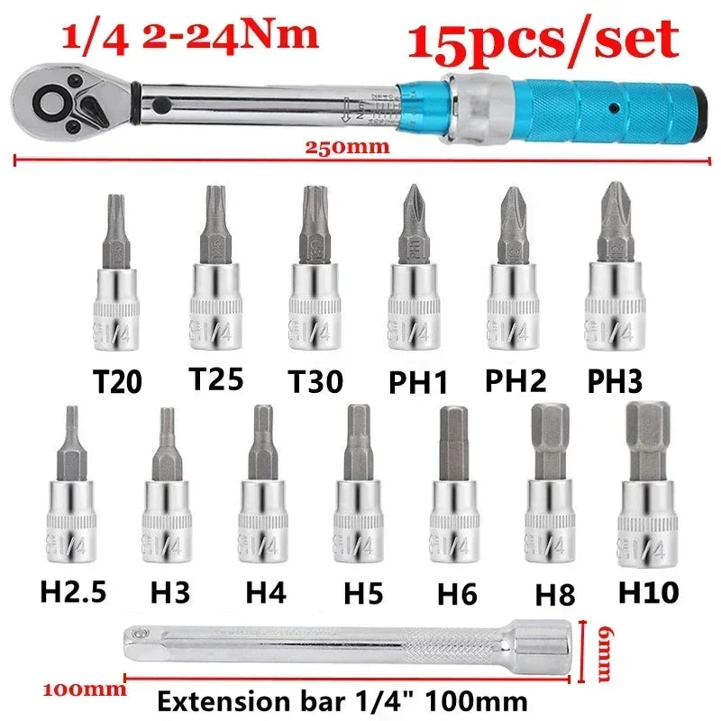 Set Repair Socket Torque 1/4" Motorcycle Bicycle Socket Spanner Tools Kits Professional Wrench 2-24nm Allen Key Wrench 15pcs/set