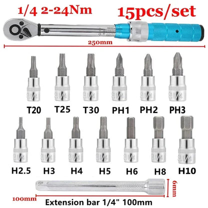 Set Repair Socket Torque 1/4" Motorcycle Bicycle Socket Spanner Tools Kits Professional Wrench 2-24nm Allen Key Wrench 15pcs/set