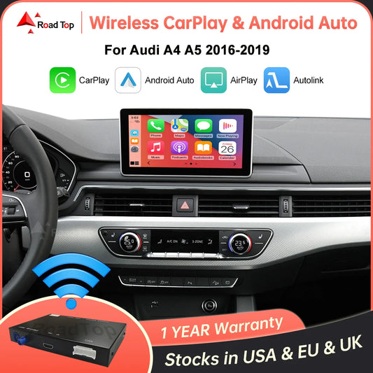 Road Top CarPlay sans fil pour Audi A4 A5 2016-2019, avec Android Auto Mirror Link AirPlay Bluetooth Caméra de recul Fonctions GPS