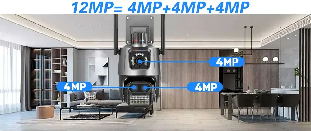 Cameră de securitate 360 ​​fără fir pentru exterior 6K 12MP WiFi ICSee Smart Trei lentile 8X Zoom Cameră IP de supraveghere video CCTV Urmărire automată