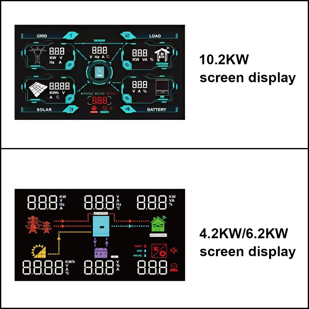 Dual Output On/Off Grid Solar Inverter4.2KW 24V 6.2KW 48V10.2KW With BMS Ports Dual MPPT PV Input Pure Sine Wave Hybrid Inverter