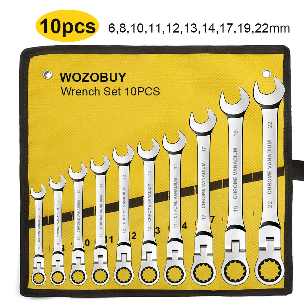 Flex Head Ratcheting Wrench Set,WOZOBUY Metric Ratchet Combination Wrenches Cr-V Gear Spanner Set Car Key Wrench Repair Tool Set