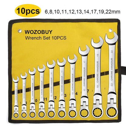 Flex Head Ratcheting Wrench Set,WOZOBUY Metric Ratchet Combination Wrenches Cr-V Gear Spanner Set Car Key Wrench Repair Tool Set