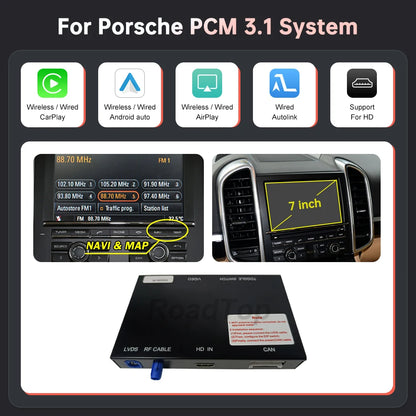 RoadTop Wireless CarPlay Android Auto pentru Porsche Boxster 718 Macan Cayman Cayenne 911/918 PCM3.0 3.1 2008-2015 cu Mirror Link