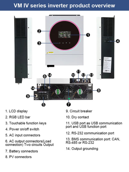 4KW 6KW Off Grid Hybrid Solar Inverter Max.Charge Current 120A Built in MPPT Pure Sine Wave 230VAC Output Battery Voltage 24V48V