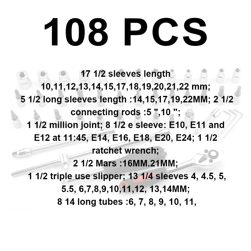 108 buc Set de chei tubulare Instrumente pentru reparații auto Set chei cheie cu clichet Cheie cu clichet Biți de șurubelniță Instrumente hardware