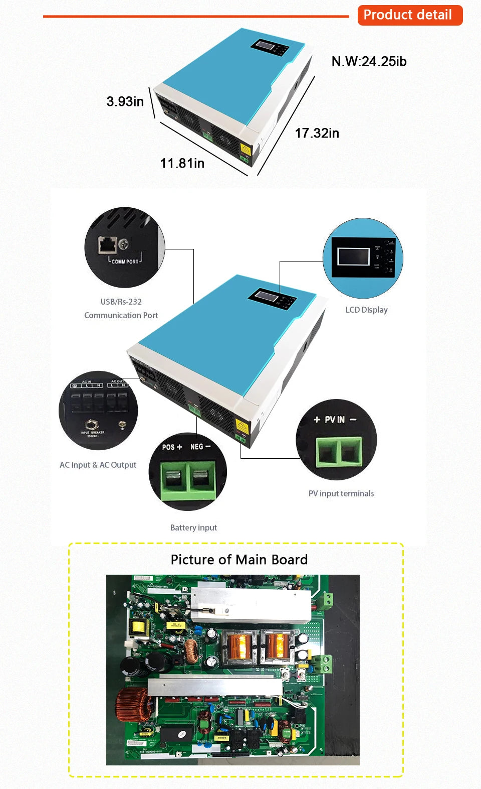 Hybrid MPPT Solar Inverter 3.5KW 5.5KW AC230V DC24V 48V MPPT 100A 500VDC PV Input 5500W Pure Sine Wave Hybrid Inversor With WiFI