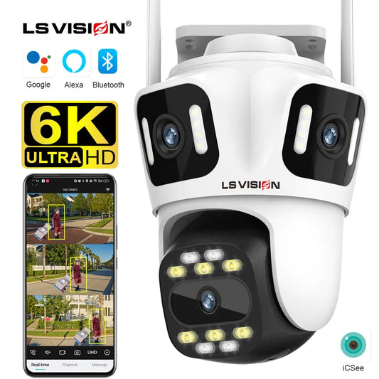 LS VISION 6K 12MP Trei ecrane WiFi IP Cameră de exterior Trei lentile Urmărire automată umană Camere de supraveghere rezistente la apă Aplicația iCSee