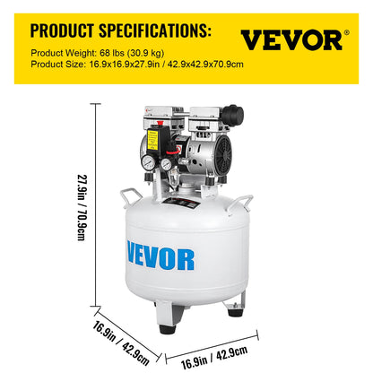 VEVOR Vertical Air Compressor 6.6/8.8 Gal Ultra Quiet Oil-Free Air Compressor 30L/40L Tank Silent Air Compressor 850W Low noise