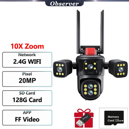 Caméras de sécurité WiFi 20MP 8K Cinq objectifs Quatre écrans Zoom 10X Caméra vidéo PTZ extérieure Suivi automatique 6K Surveillance CCTV étanche