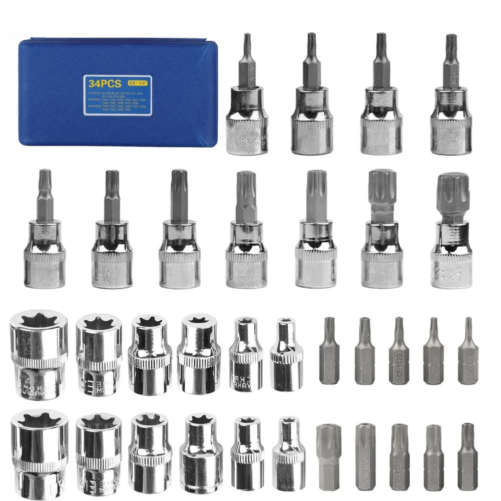 High Quality 34 in 1 Torx Star Socket and Bit Set Male/Female Electronic Safety Drill Driver Handheld Tool Torque Star Socket