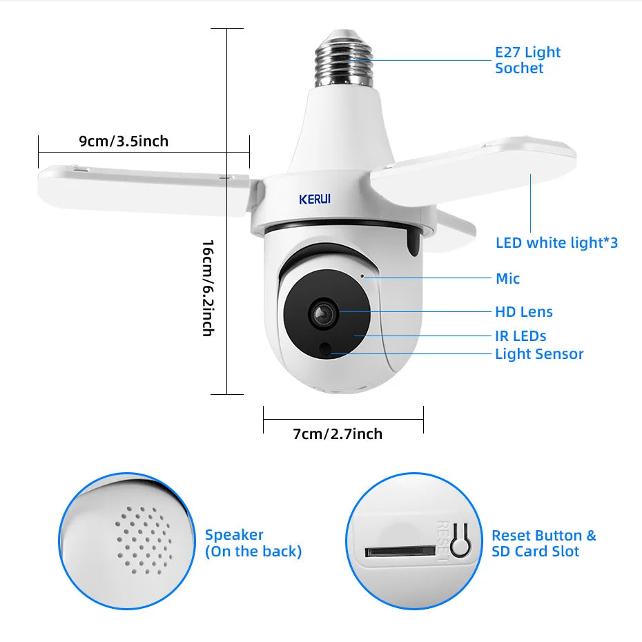 KERUI 5G/2.4G 3MP E27 Cameră cu bec PTZ Cameră IP WiFi cu lumină LED Supraveghere pentru securitate la interior Urmărire AI Viziune nocturnă