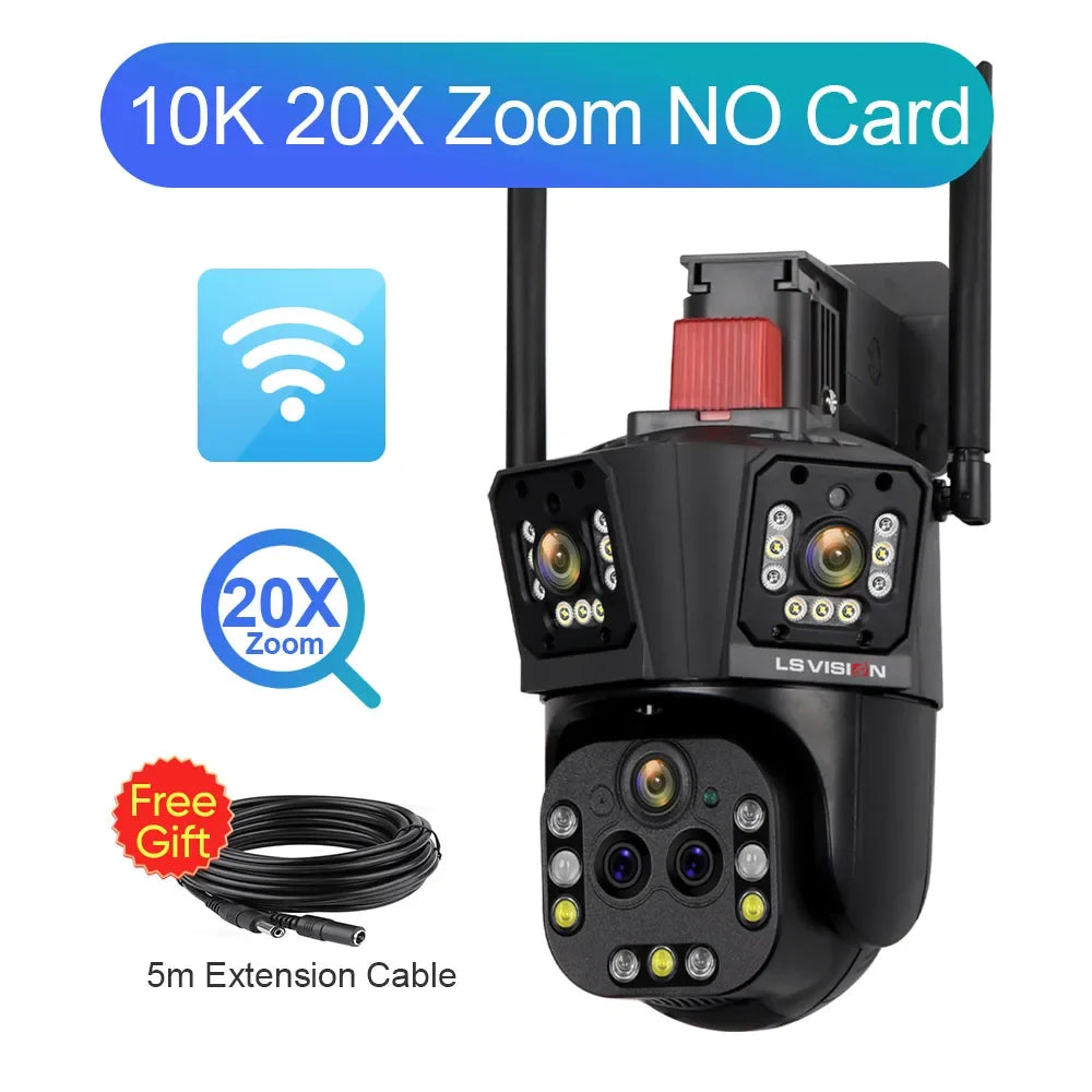 LS VISION 10K UHD WiFi IP Cameră de exterior Zoom optic 20X Urmărire automată 6K PTZ Cinci lentile Trei ecrane Cameră de securitate rezistentă la apă