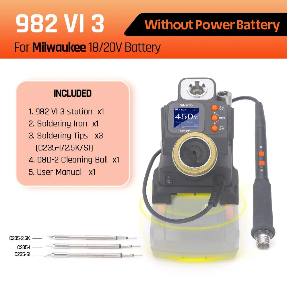 Station de soudage sans fil Silverflo 982-VI Station de fer à souder de précision portable pour DEWALT/Milwaukee/MAKITA/Batterie 18/20V