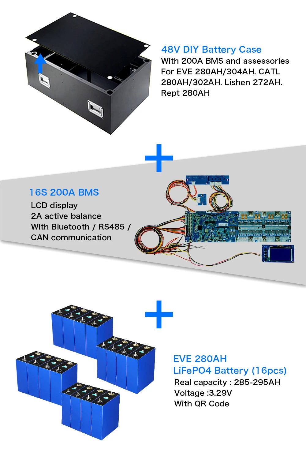 Poland Lifepo4 Battery 48V Stacked Battery Kits Case 280AH 310AH 320AH 3.0 Seplos BMS 2A Active Balancer Solar D eye  G rowatt