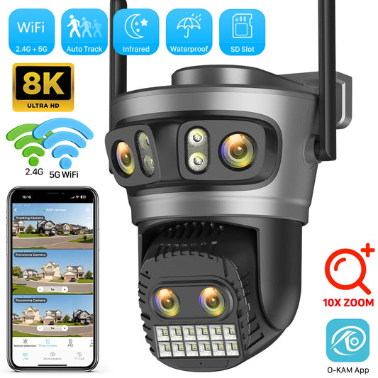 Caméra WiFi HD 20MP 8K Zoom 10X extérieur Quatre objectifs Trois écrans Suivi automatique Protection de sécurité 4K PTZ CCTV Surveillance vidéo