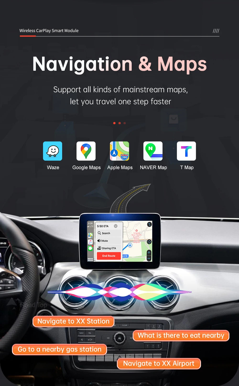 Road Top Wireless CarPlay for Mercedes Benz A B Class W176 W246 GLA CLA 2016-2018 with Android Auto Mirror Link AirPlay Function