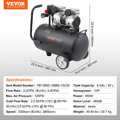 Compresseur d'air VEVOR 750W/1450W/3000W Compresseur d'air sans huile Pompe de compresseur portable silencieuse pour réparation automatique Gonflage des pneus à la maison