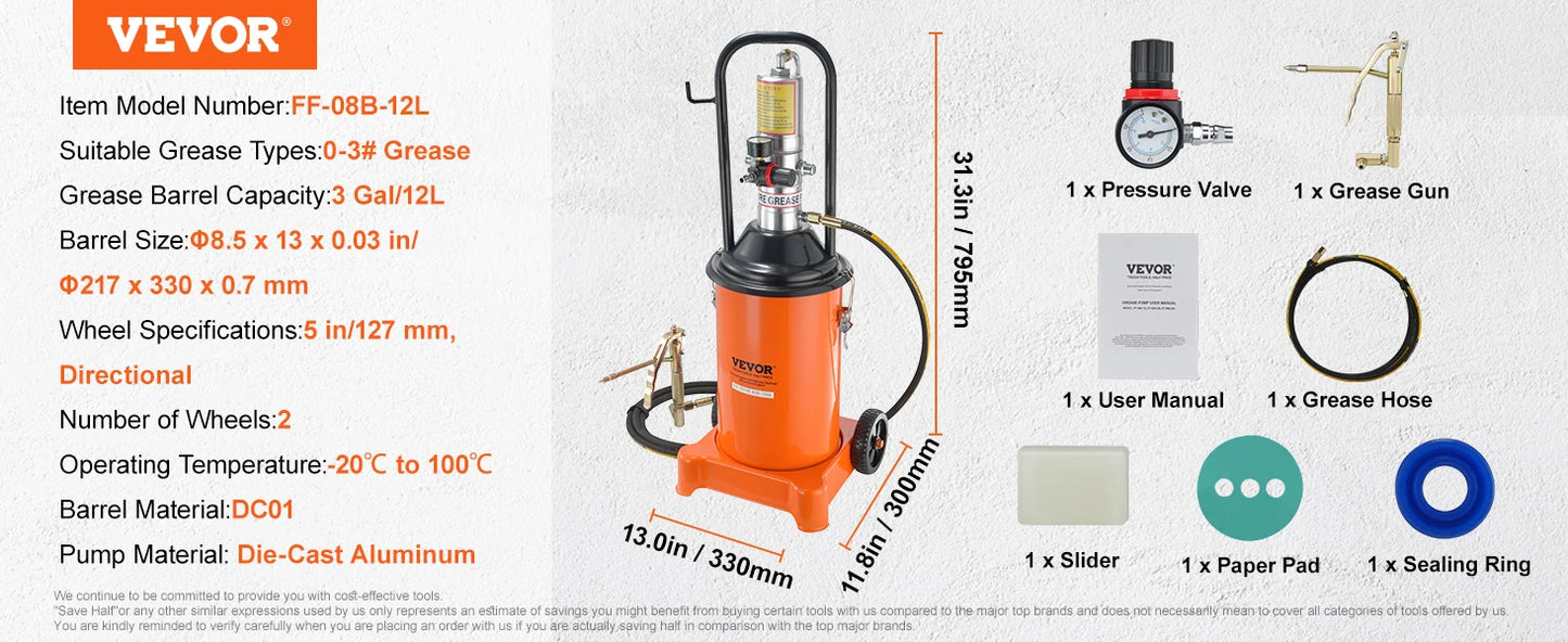 VEVOR 3/5/10.5 Gallon Grease Pump Air Operated with Hose Pneumatic Grease Bucket Gun and Wheels for Cars 50:1 Pressure Ratio