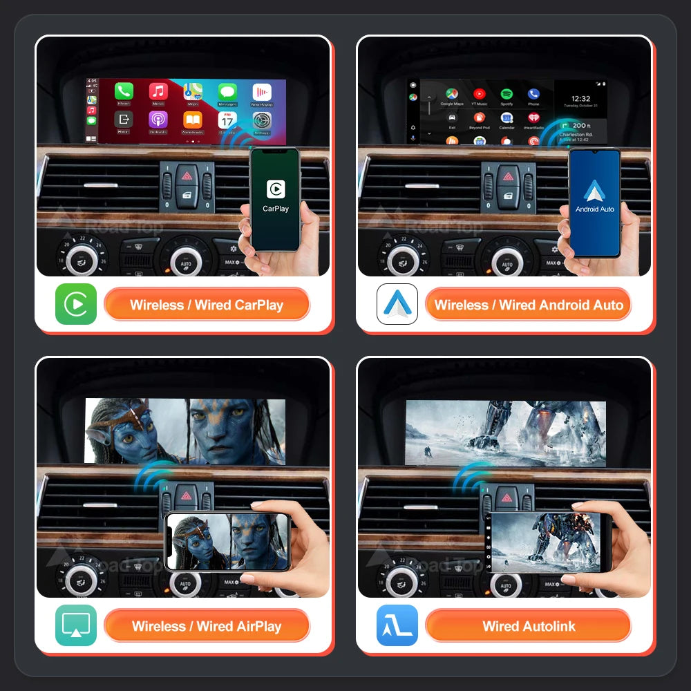 RoadTop Wireless CarPlay Android Auto pentru BMW Seria 3 E90 E91 E92 E93 Seria 5 E60 E61 2008-2013 cu funcție AirPlay Car Play