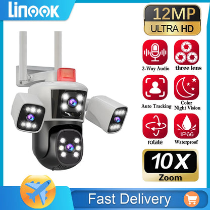 Linook12MP 6K 3 lenses waterproof CCTV outdoor WIFI phone network camera PTZ 360 intelligent camera security protection camera