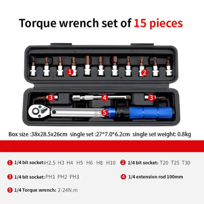 Set de chei dinamometrice, 15 buc., 1/4 inch, 2-24Nm, cheie hexagonală bidirecțională pentru bicicletă, instrument profesional pentru reparații, unealtă manuală, nou