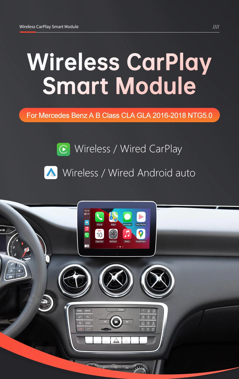 Road Top Wireless CarPlay for Mercedes Benz A B Class W176 W246 GLA CLA 2016-2018 with Android Auto Mirror Link AirPlay Function