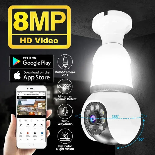 Cameră cu bec LED E27 8MP Cameră de supraveghere WiFi Urmărire automată AI Video pentru interior Zoom 8X Color Viziune nocturnă Cameră fără fir CCTV