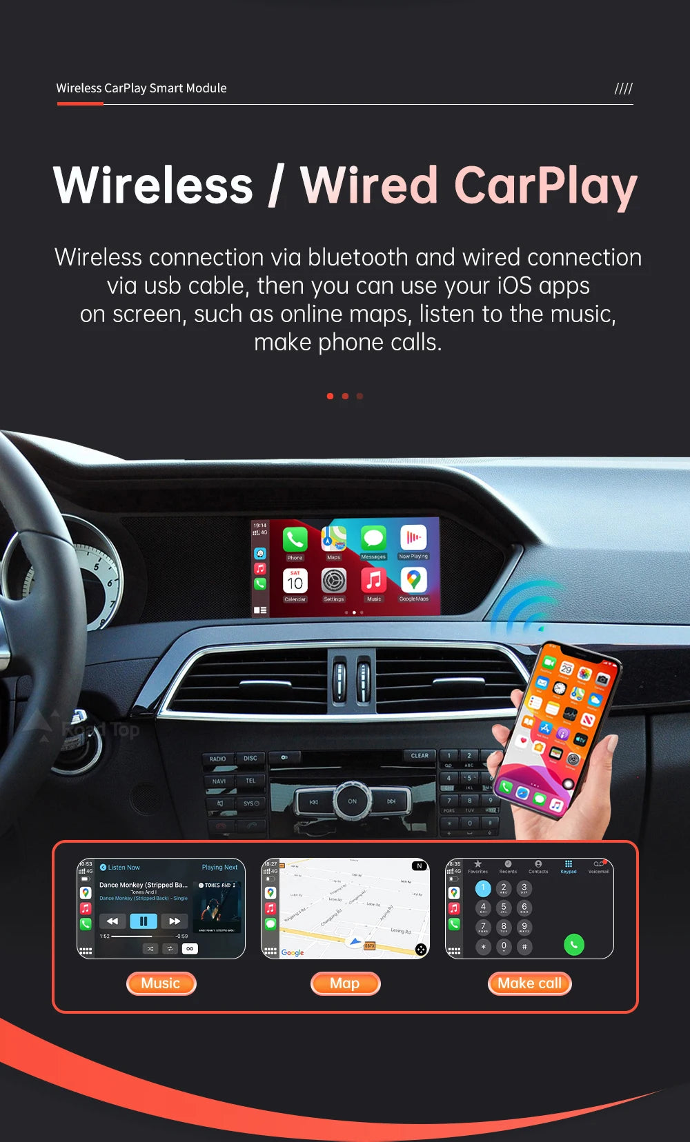 Road Top Wireless Carplay Android Auto for Mercedes Benz C-Class W204 2011-2014 NTG4.5/NTG4.7 with Mirror Link AirPlay Functions