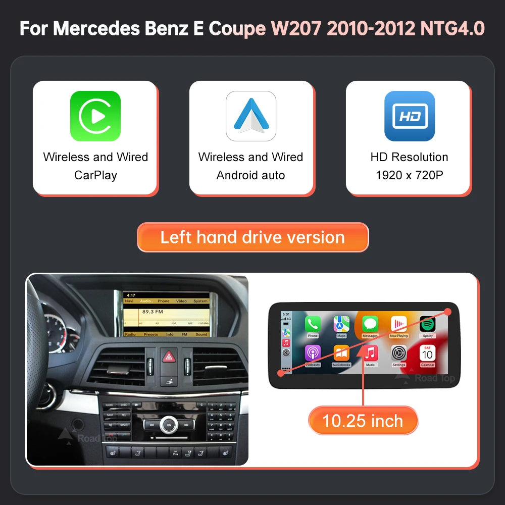 Écran d'affichage multimédia pour Benz E Coupé W207 2009-2016 NTG4.0/4.5/5.0 Carplay sans fil Android Auto Radio Navigation Airplay