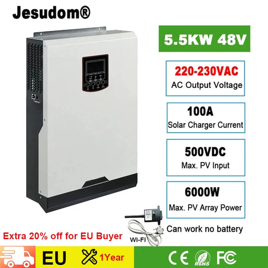 5.5KW 48VDC to 220VAC Solar Hybrid Inverter Pure Sine Wave 100A MPPT Solar Charge Controller with WIFI Can Work Without Battery