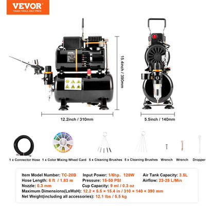 Kit aérographe VEVOR, compresseur d'air à double ventilateur, kit de système d'aérographe professionnel avec aérographes, roue de mélange, ensemble de brosses de nettoyage