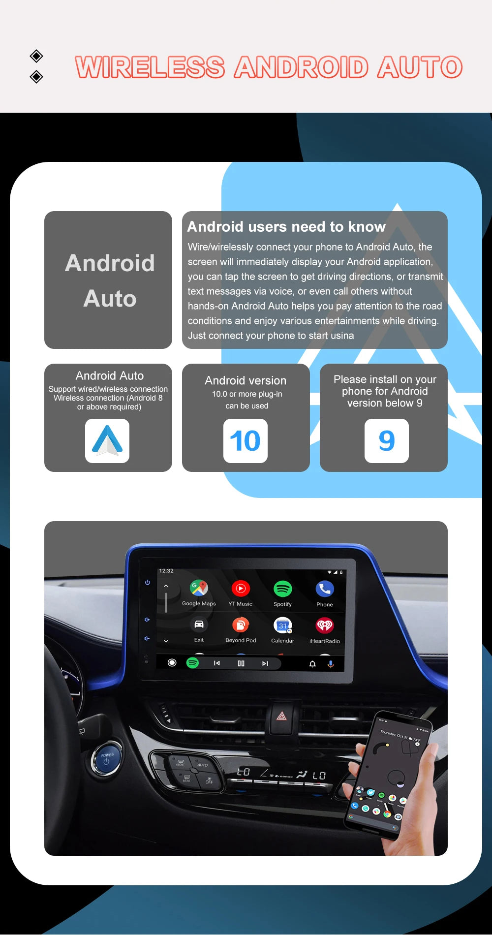 Carplay sans fil Android Auto pour Toyota 2014-2019 Tundra/Highlander/Tacoma/4Runner/Prius/Land Cruiser/Avalon/CH-R/Sienna