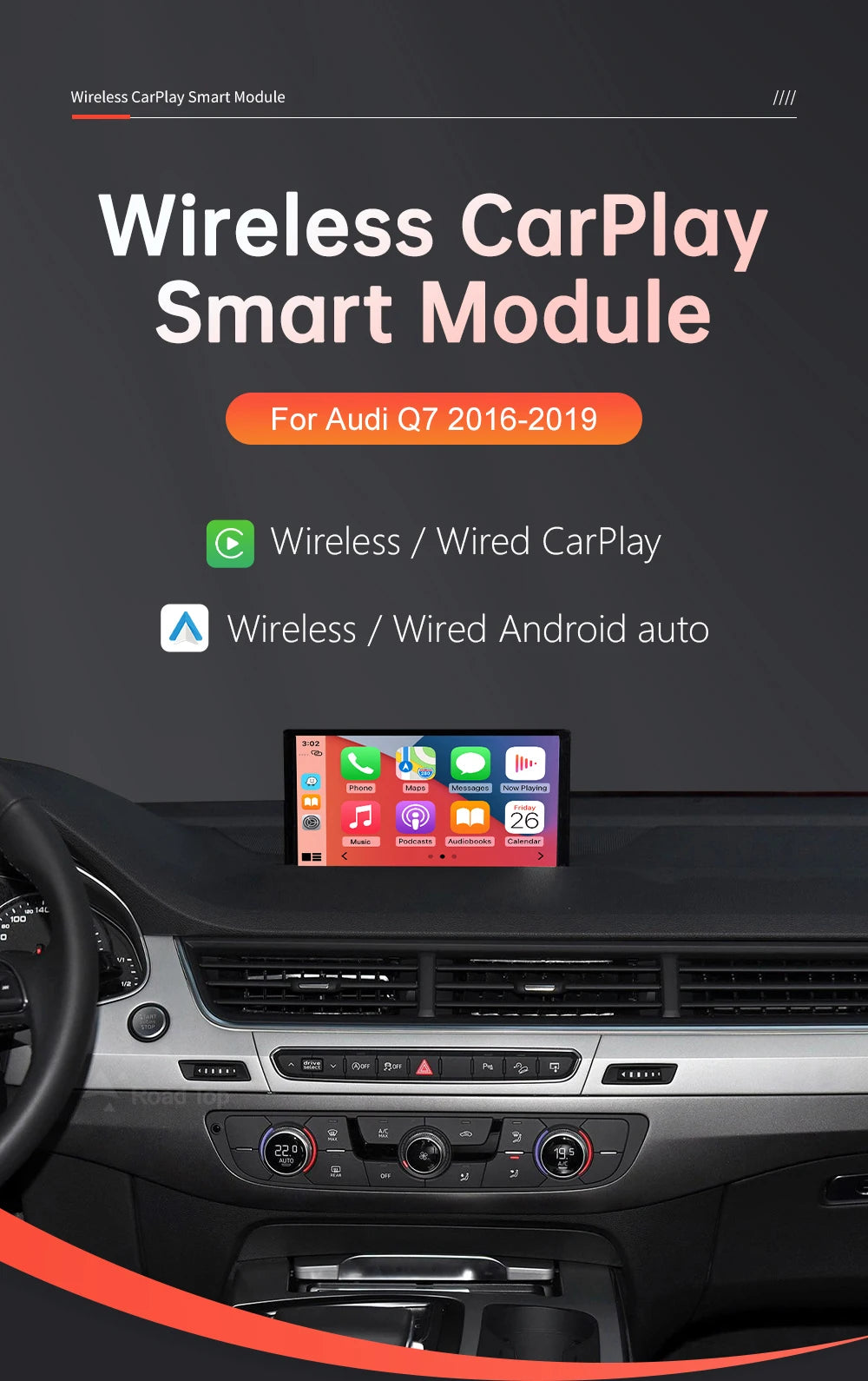 Road Top Wireless CarPlay Android Auto for Audi Q7 2016-2019 with Mirror Link AirPlay Reverse Camera Car Play Functions