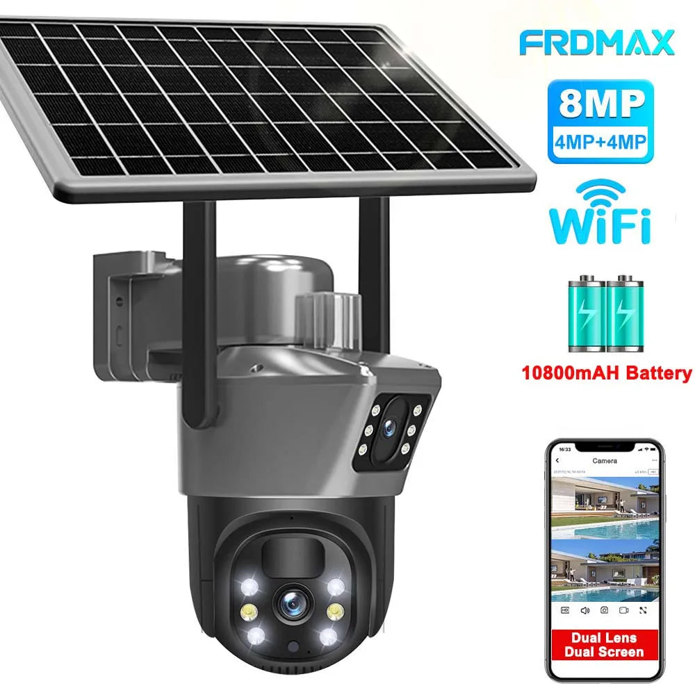 Cameră solară 8MP 4K WiFi Cameră de supraveghere CCTV fără fir pentru exterior cu panou solar lentilă duală PTZ IP Cameră de protecție de securitate